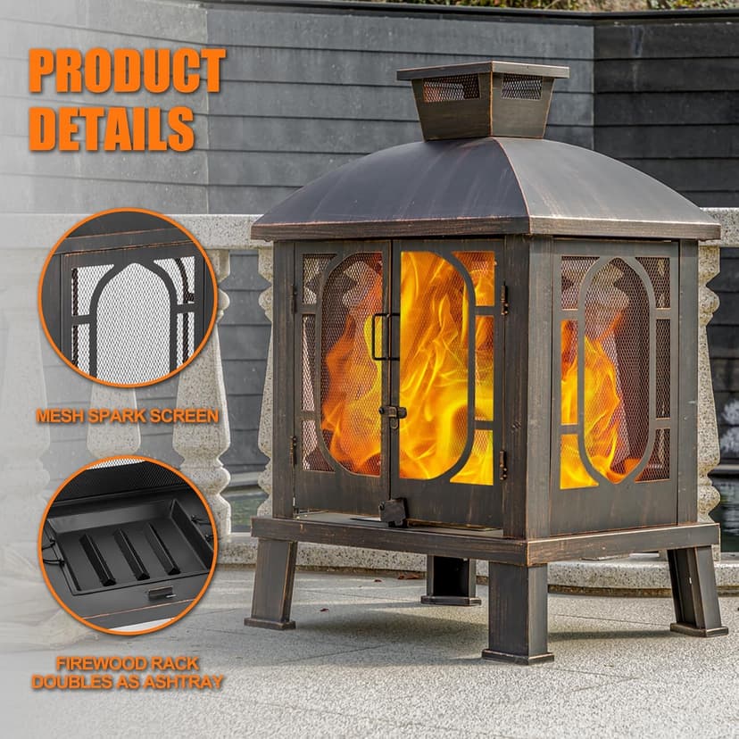 45" H×31''W Metal Chiminea Fire Pit with Grill, Wood Burning Fire Pits for Outside,Square Chimineas Fireplace with Mesh Spark Screen Door& Fire Poker for Garden,Yard,BBQ,Bonfire