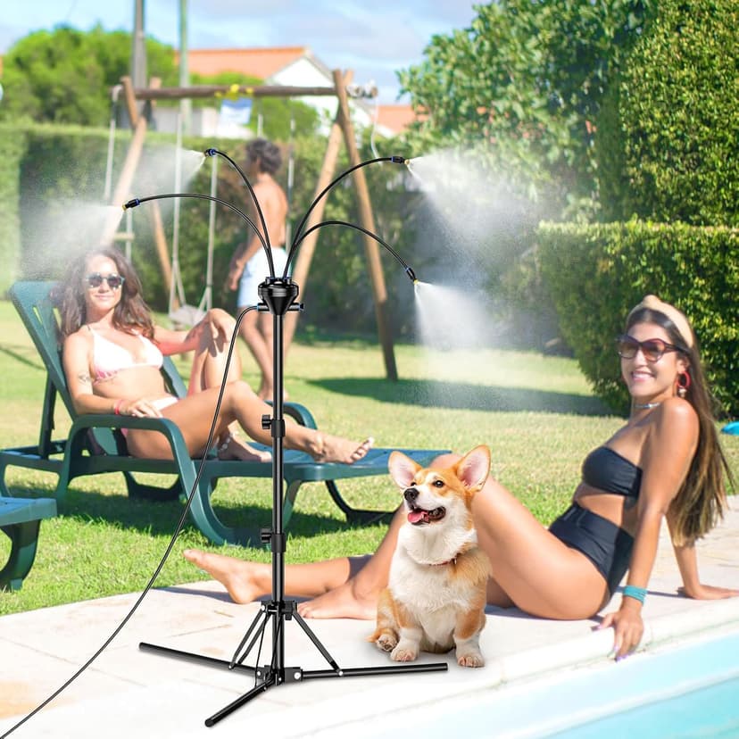 Standing Misters for Outside Patio - Adjustable 5.3FT Portable Misting System Cooling Outdoor 32.8Ft Stand Misting Long Water Line for Kids Mist Playing, Patio Cooling, Backyard, Porch, Sprinkler