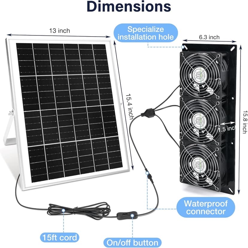 Solar 3 Fan Kit, 25W Solar Panel Powered Exhaust Fan for Outdoor Chicken Coop, Greenhouse & Shed, Intake or Exhaust Air for Cooling, IP67 Waterproof, 3500RPM, 15 FT Long Cord