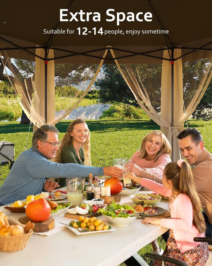 Pop Up Gazebo 13x13Ft, Outside Canopy Tent with 6 Pcs Mosquito Netting, One Push Setup for Backyard Patio Garden Activities - Khaki & Beige