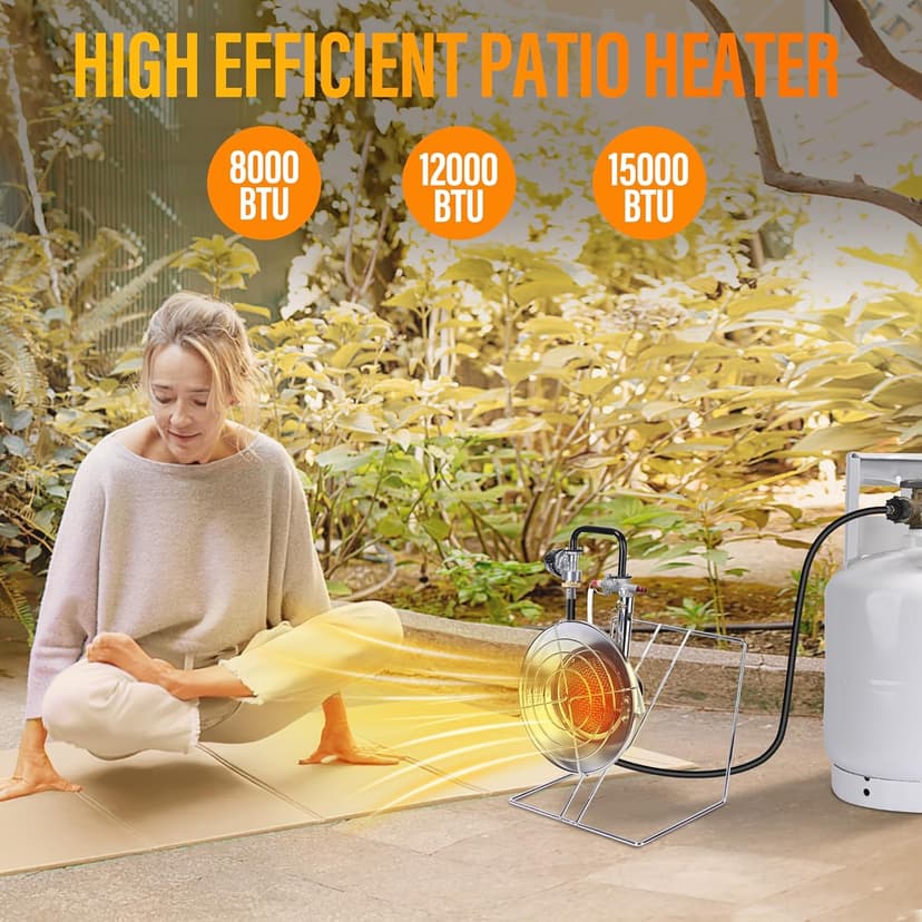 15,000 BUT Multi-Use Portable Propane Heater/Cooker, Outdoor Gas Heater with 8 FT Hose Piezo Ignitor Tip-over Protection Propane Heater for Garage, Patio, Camping, Hunting, Ice Fishing