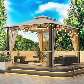 Patio Gazebo 10x12, Outdoor Gazebos, Heavy Duty Gazebo Soft Top Gazebos, Metal Frame Canopy with Double Roofs, Anti-UV Shelter with Privacy Curtains and Netting for Patio Deck Backyard Garden Lawns
