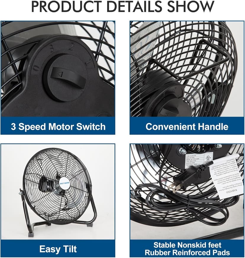 BILT HARD 12" 3-Speed High Velocity Heavy Duty Metal Floor Fan, 1680 CFM, 180-Degree Tilt, Powerful Airflow Fan for Home, Bedroom, Residential Use