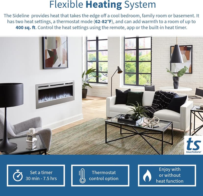 Touchstone Sideline Deluxe -Stainless Steel Smart Electric Fireplace- 50" Wide- Alexa/WiFi-Enabled- in Wall Recessed- 5 Flame Settings- 9 Flame Colors- 1,500W Heater- Log & Crystal Options- 86273