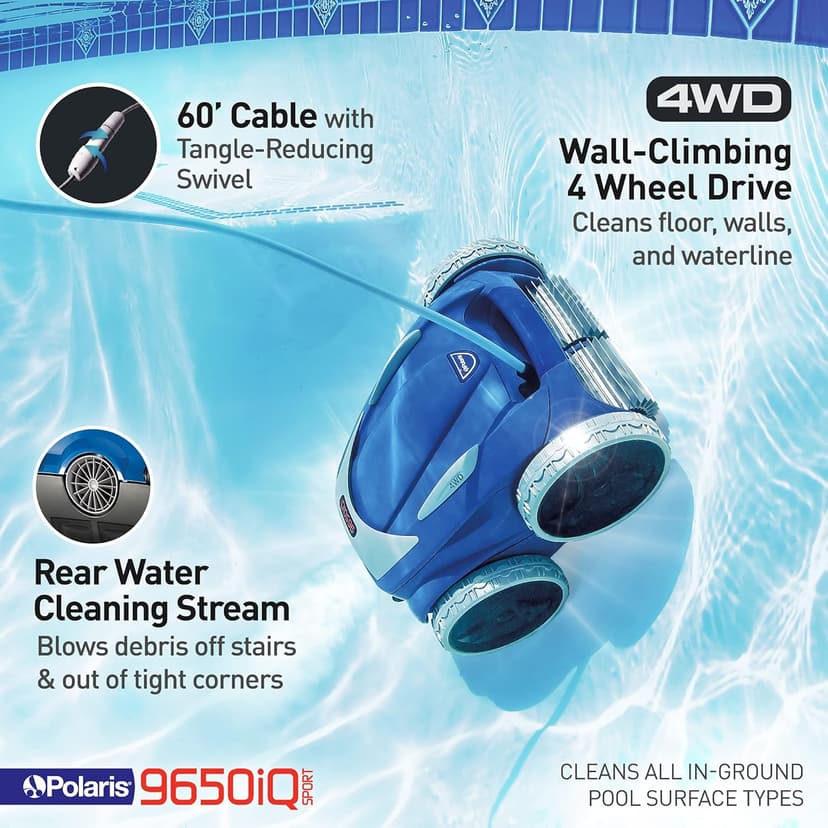 Polaris 9650iQ Sport Robotic Cleaner, Automatic Vacuum for InGround Pools up to 60ft, Smart App, WiFi, Amazon Alexa, 70ft Swivel Cable w/Strong Suction & Easy Access Filter Canister