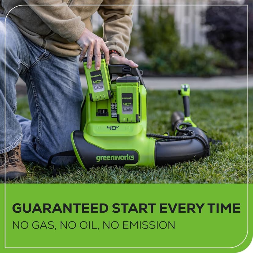 Greenworks 40V (175 MPH / 710 CFM) Dual Port Cordless Brushless Backpack Leaf Blower, (2) 8.0Ah Battery and Charger Included