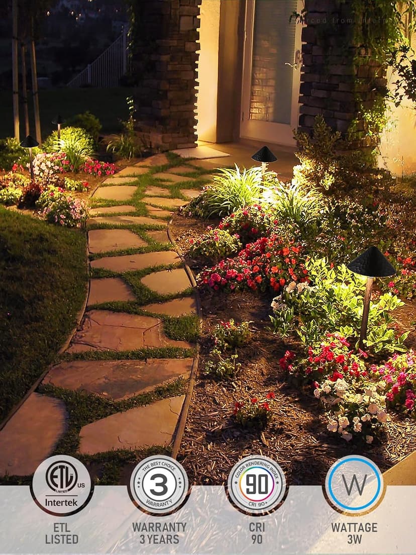 LEONLITE 12-Pack Low Voltage Pathway Lights, 3W 12-24V AC/DC CRI90+ Low Profile LED Landscape Path Lights, Cone Head with Vintage Texture & Vintage Golden Edge, IP65 Waterproof, Black Aluminum Housing