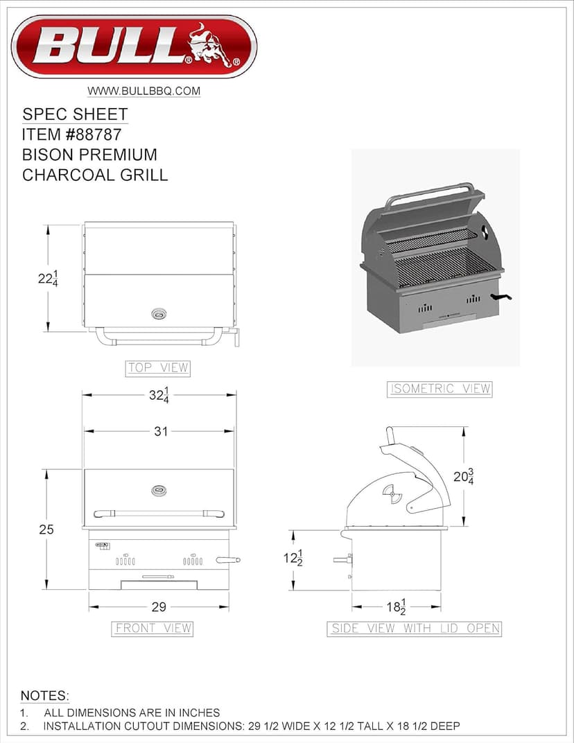 Bull 30-Inch Bison Premium Built-In Charcoal Grill (BG-88787)