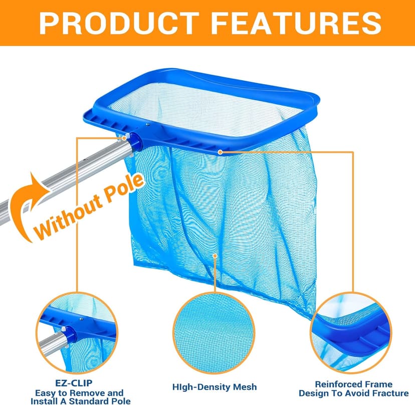 Pool Skimmer - Pool Skimmer Net without Pole, Swimming Pool Leaf Skimmer Net with Reinforced Frame, Larger Capacity Pool Nets for Cleaning, Durable Deep Rake Net Easy Scoop Edge,Debris Pickup Removal