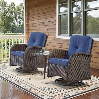Patio Wicker Chairs Swivel Rocker - Outdoor Swivel Rocking Chairs Set of 2 with Rattan Side Table, Patio Swivel Glider Chair 3 Piece Patio Furniture Sets for Deck Porch Pool Brown/Blue