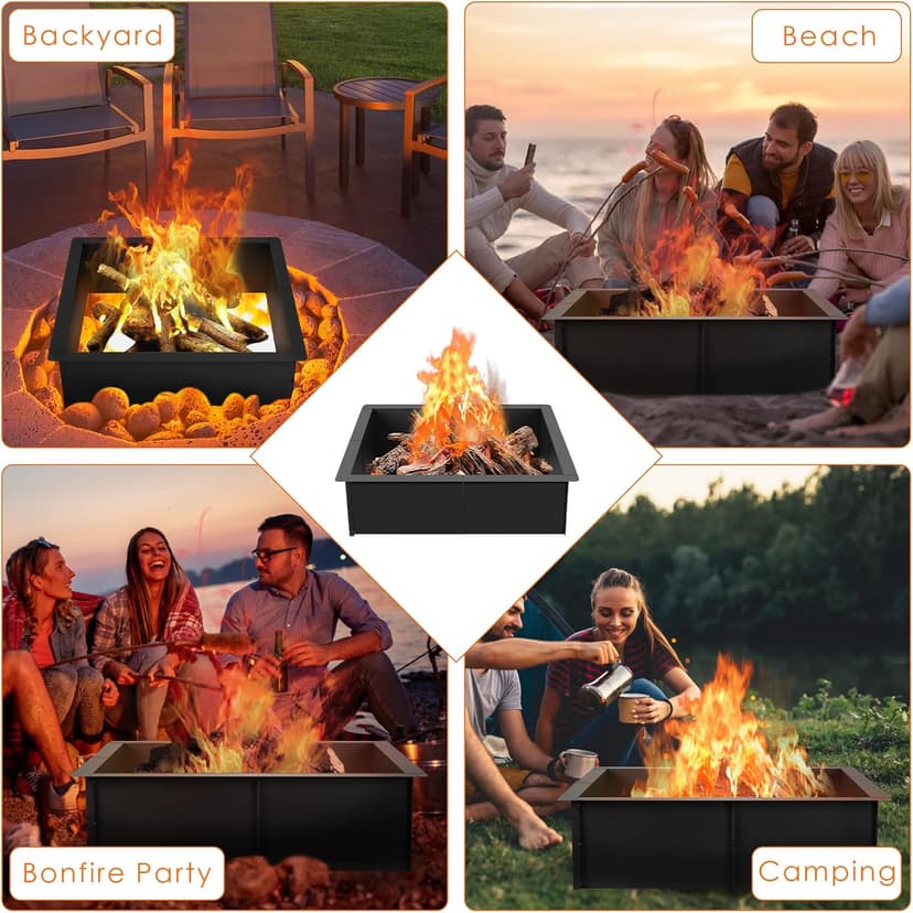 OUSHENG 32 Inch Square Fire Pit Ring Insert for Outside Wood Burning, 36 Inch Outer Large Solid Steel Firepit Liner for Above or In-Ground Outdoor DIY Camping Garden Patio Backyard