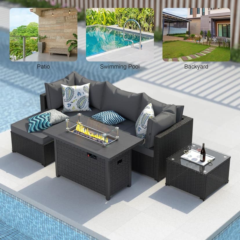 Patio Furniture Set with Fire Pit Table, 6PCS Outdoor Conversation Sets Waterproof Rattan Sectional Sofa with 4” Thickened Cushion Modular Wicker Patio Furniture Set with Glass Top Table (Grey)