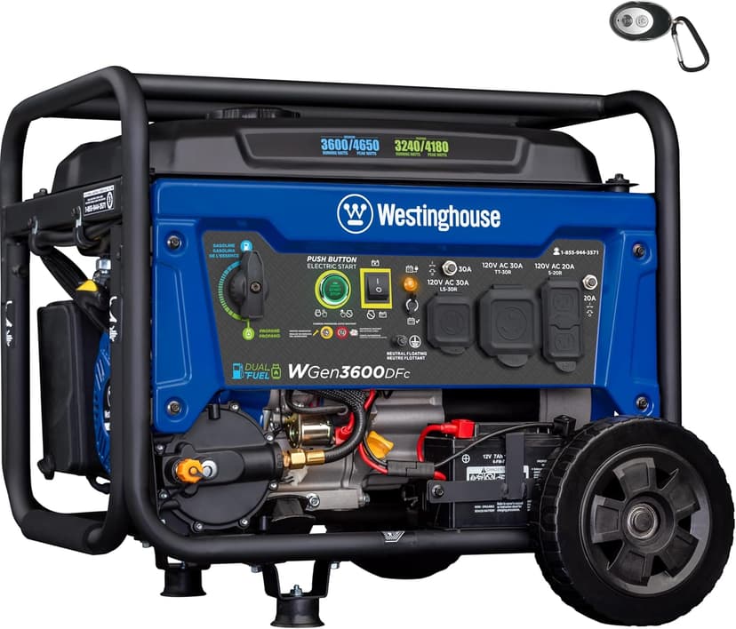 Westinghouse 4650 Peak Watt Dual Fuel Portable Generator, Remote Electric Start with Auto Choke, RV Ready 30A Outlet, Gas & Propane Powered, CO Sensor