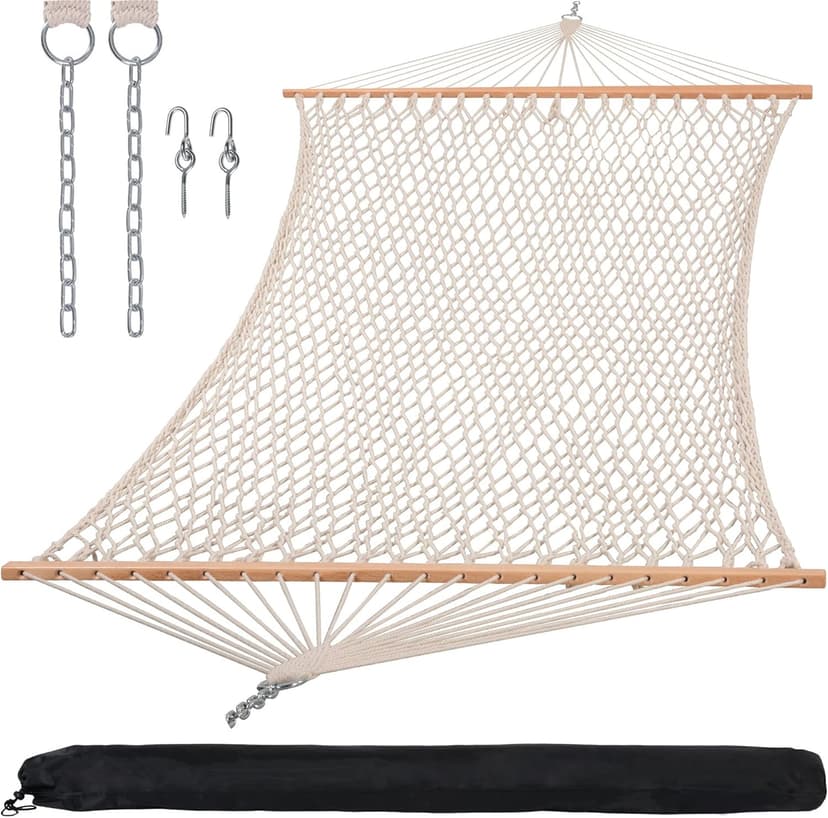 SUNCREAT Hammocks Traditional Rope Double Hammock with Hardwood Spreader Bar and Carrying Bag, 450 lbs Capacity, Natural
