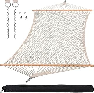 SUNCREAT Hammocks Traditional Rope Double Hammock with Hardwood Spreader Bar and Carrying Bag, 450 lbs Capacity, Natural