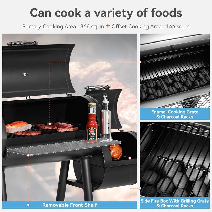 GREEN PARTY BBQ Charcoal Grill with Offset Smoker, 2 in 1 Smoker and Charcoal Grill combo, 512 Square Inch Space Barrel Charcoal Smoker Grill for Outdoor Camping Patio Backyard Cooking, Medium