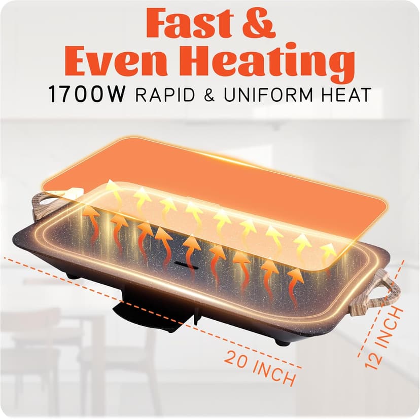 12x20 Inch Extra Large Electric Griddle, 1700W Fast Even Heating, ILAG Granite Nonstick, Slope Design for BBQ Masters, Frameless design for Easy Cleaning, Great for Family Gatherings, Black