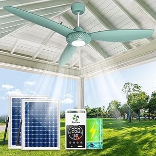 Outdoor Ceiling Fan Light for Gazebo with Battery, 52" Solar Ceiling Fan with Adjustable Thermostat & 2pcs 30W Bifacial Panels for Patios, Porch, Barn, Shed
