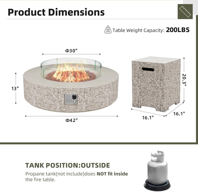 UPHA 42-inch Outdoor Propane Gas Fire Pit Table 50000 BTU Concrete Rectangle FirePit for Outside Patio with Propane Tank Cover, Wind Guad, Lava Rocks, Rain Cover, Beige Texture
