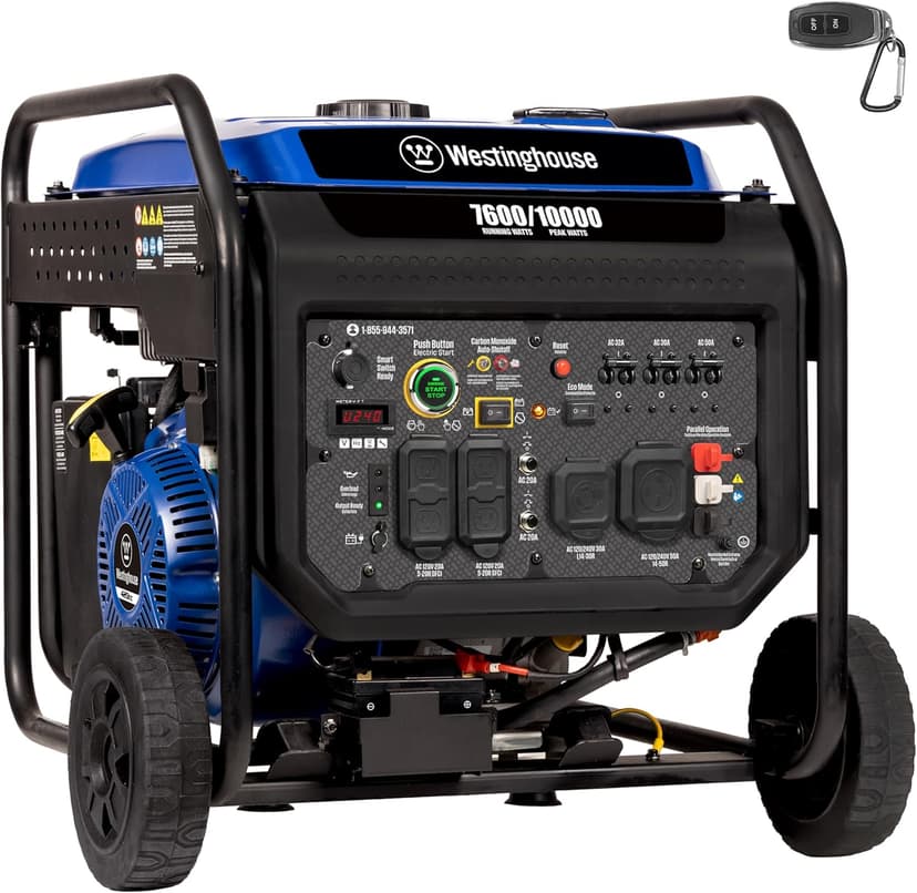 Westinghouse 10000 Peak Watt Portable Open Frame Inverter Generator, Remote Electric Start with Auto Choke, Transfer Switch Ready, Gas Powered, CO Sensor