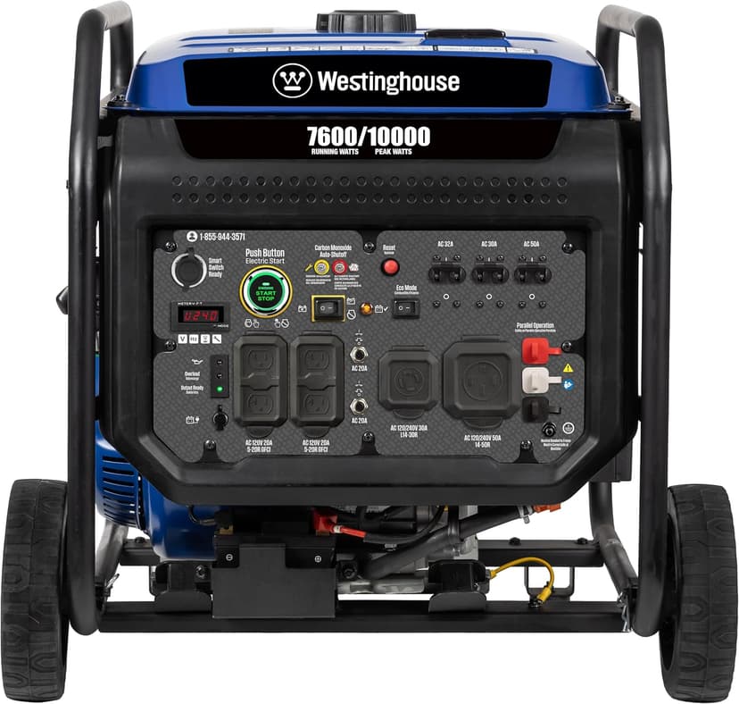 Westinghouse 10000 Peak Watt Portable Open Frame Inverter Generator, Remote Electric Start with Auto Choke, Transfer Switch Ready, Gas Powered, CO Sensor