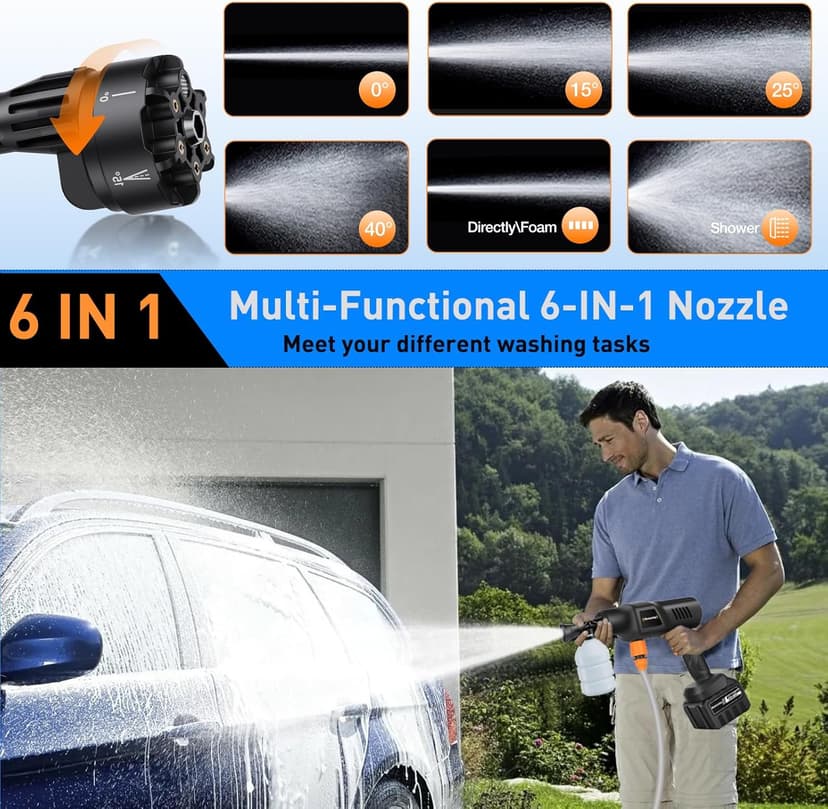 Cordless Power Washer, 900 PSI Cordless Pressure Washer, Portable Power Washer with 20000mAh Battery&Charger & 6-in-1 Nozzle, 17FT Drain Hose, Portable Pressure Washer for Car WashHomeYard