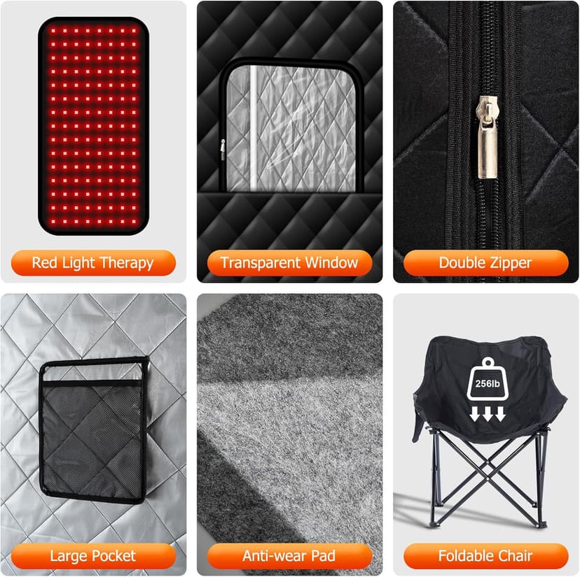Steam Sauna with Red Light Therapy Lamp, Portable Infrared Saunas Tent with 3L Steamer, Personal Heat Box with Remote Control & Large Folding Chair, Indoor Sauna Spa for Relaxation & Detox