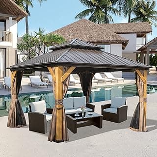 Domi 12' X 12' Wood Gazebo, Cedar Frame Hardtop Gazebo with Galvanized Steel Double Roof, Netting & Curtains, Patio Pergola Pavilion for Patio, Backyard, Deck, Lawns