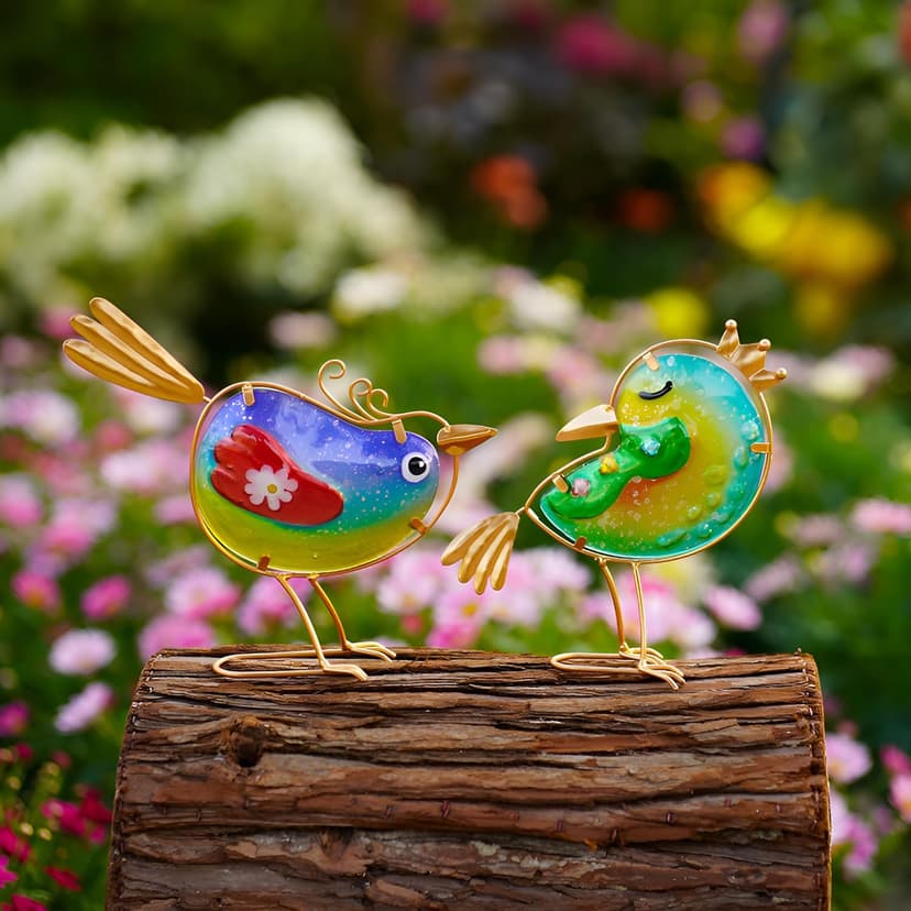 Funny Metal & Glass Bird Decor Set of 3 - Unique Colorful Indoor & Outdoor Garden Statues Whimsical Lawn Decorations Handmade Bird Sculptures Garden Decor for Outside