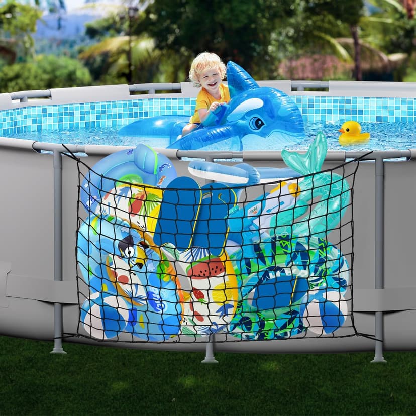 Pool Toy Float Storage Net - 71*47 Inch Extra Large Elastic Mesh Fence Net with 20 Hooks Outdoor Hanging Pool Storage Organizer for Pool Floats, Swim Rings, Balls, Inflatable Toys Pool Accessories