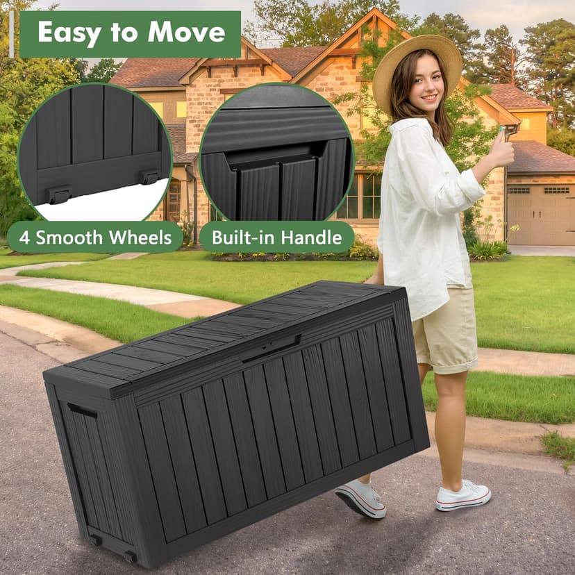 NUNU LAB 74 Gallon Outdoor Storage Box,Large Resin Sturdy Deck Box, Backyard Outside Storage Box Waterproof with Double Wall Panels,Package Delivery Garden Hose Storage Bin Outdoor Tool