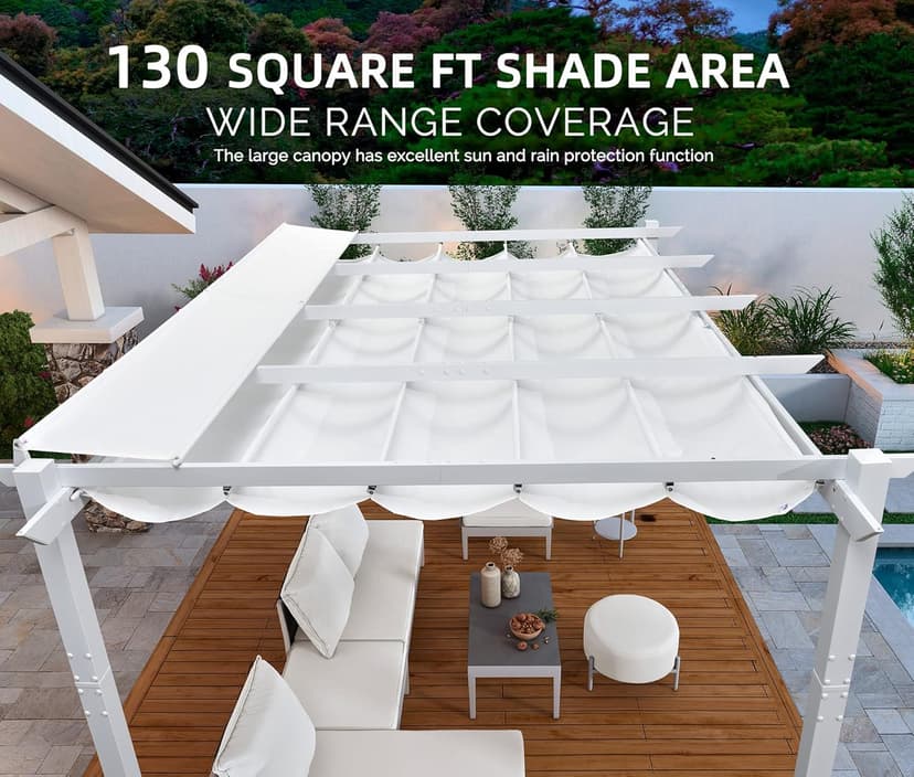 PURPLE LEAF 10' x 13' Outdoor Aluminum Pergola White Heavy-Duty Retractable Pergola Patio Metal with Double Sun Shade Canopy for Gardens Deck Backyard, White