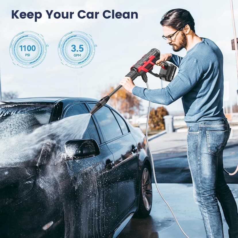 Cordless Pressure Washer - 1100 PSI BRUSHLESS Portable Cleaner with 2X 4.0Ah Batteries,3 Faucet Adapters,Garden Hose Connector,2 Adjustable Modes with 0-180° Nozzle,Car Washing Gun/Patios/Boats