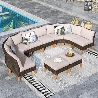 Sophia & William Patio Furniture Set, 10 Piece Half Moon Outdoor Wicker Sectional Sofa Set, High Back Rattan Conversation Set with Ottoman for Backyard, Deck, Pool(Beige)