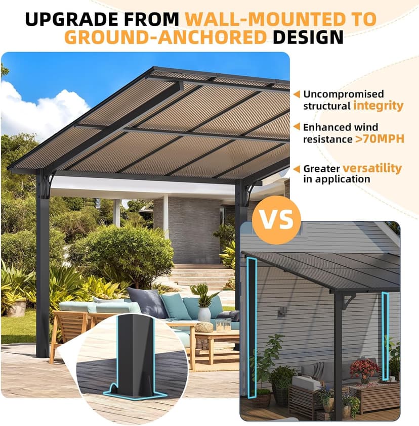 AECOJOY 12' x 10' Gazebo, Outdoor 10x12 Pergola Carport for Patio, Freestanding Lean to Hardtop Gazebo, Pergolas and Gazebos Clearance with Roof, Wall-Mounted Heavy Duty Metal Awnings for Patio, Decks