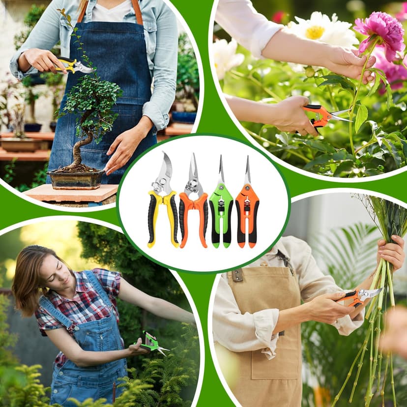 4 Pack Garden Pruning Shears, Stainless Steel Shears, Scissors, Clippers, Pruning Snips for Gardening Tools (4PCS Yellow Orange Green)