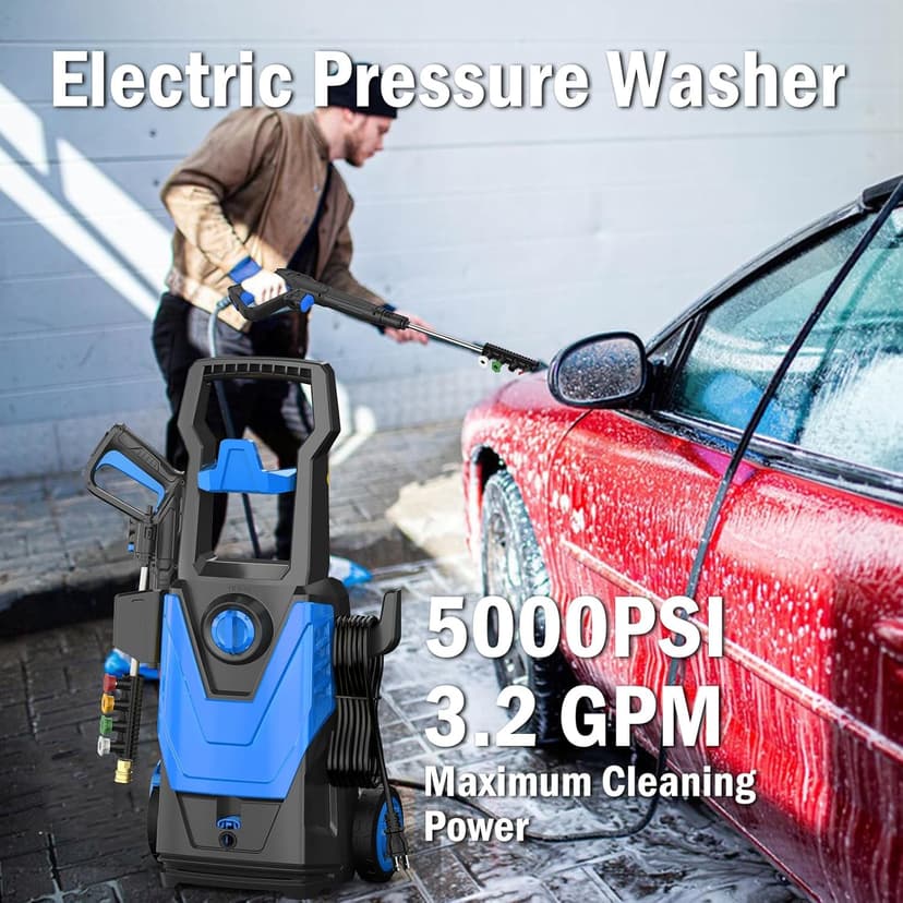 Electric Pressure Washer, 5000PSI 3.2 GPM Power Washer 2025 Upgraded with 55FT Cleaning Range, 4 Nozzles, Foam Cannon, High Pressure Cleaning Machine for Cars, Homes, Patios, Fences, Blue