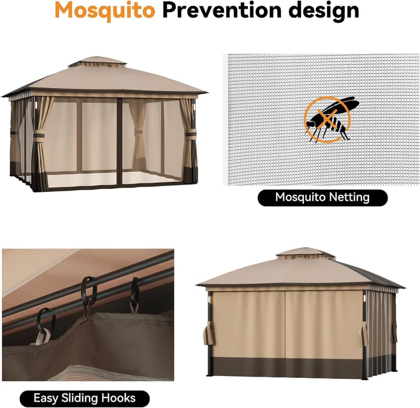 Patio Gazebo 11'x13' with LED Lights & Bluetooth Speaker, Heavy Duty Outdoor Canopy Shelter with Metal Frame, Double Roofs, Soft-top Gazebo with Netting and Curtains for Backyard