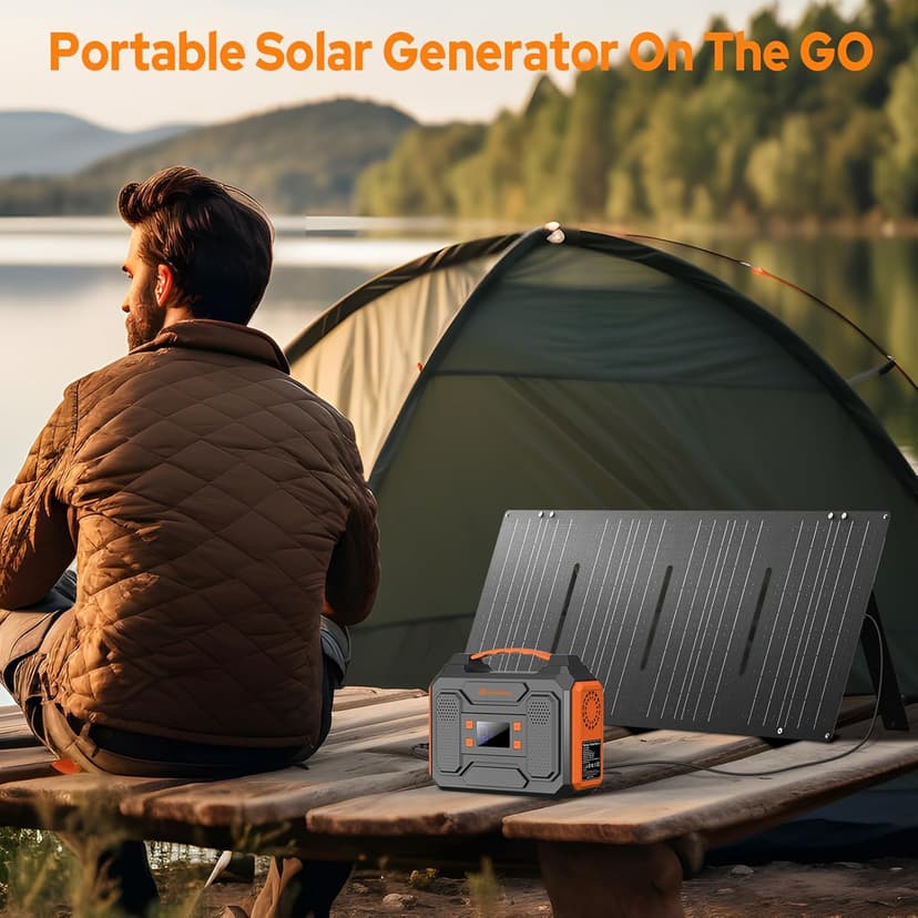 Portable Solar Power Station with Foldable 60W Solar Panel with Power Bank Bag, 110V 300W Generator Power Pack with AC Outlet for Camping Power Outage RV Outdoor Life