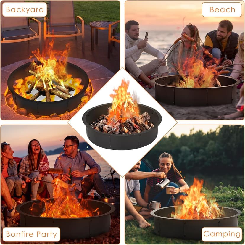 OUSHENG 36 Inch Round Fire Pit Ring Insert for Outside Wood Burning, 39 Inch Outer Large Solid Steel Firepit Liner for Above or In-Ground Outdoor DIY Camping Garden Patio Backyard