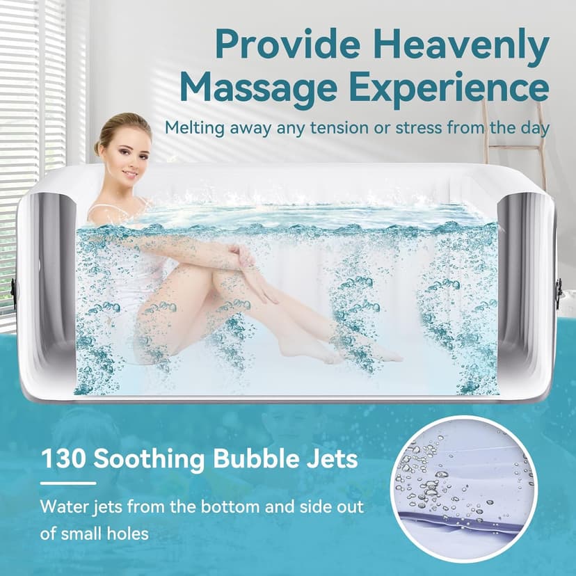 4-6 Person Inflatable Hot Tub, Large Square Portable Blow up Hot Tub, Leak-Proof PVC Outdoor Spa with 130 Air Jets, Insulated Cover and Heater Pump, 73” X 73”X 25”