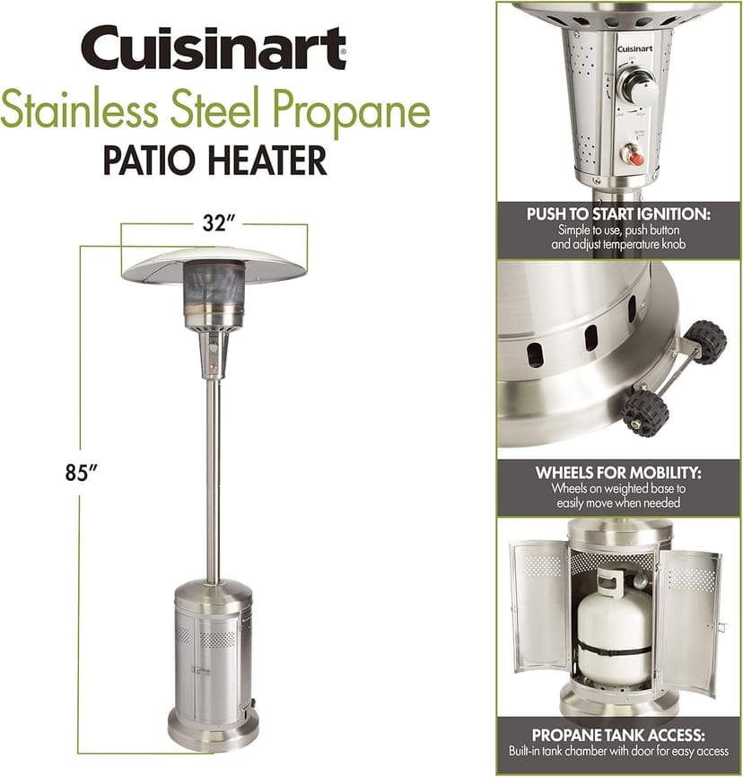 Cuisinart COH-300 Propane Push Start Ignition, 47,000 BTU Burner, Heats up to 200 sq. ft, 32" (L) x 85" (H), Stainless Steel Outdoor Patio Heater