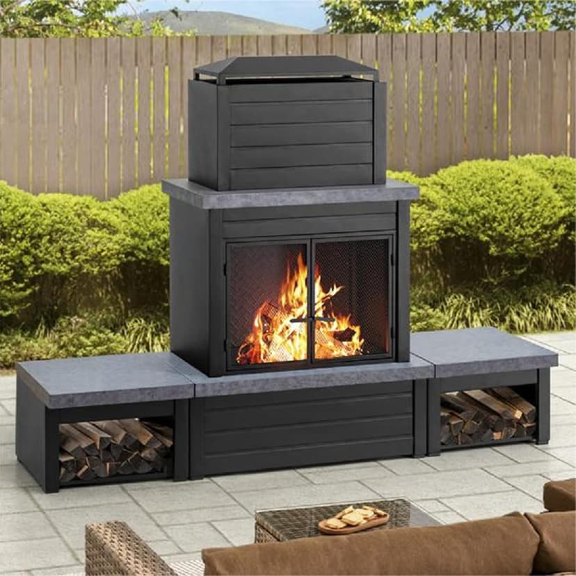 Sunjoy Outdoor Fireplace with Wood Storage and Chimney, Steel Metal Fire Pit with Mesh Spark Screen Door & Fire Poker, Fireplace Tool and PVC Cover, for Patio Garden Deck Backyard, Black