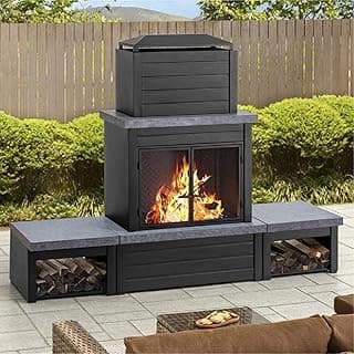 Sunjoy Outdoor Fireplace with Wood Storage and Chimney, Steel Metal Fire Pit with Mesh Spark Screen Door & Fire Poker, Fireplace Tool and PVC Cover, for Patio Garden Deck Backyard, Black