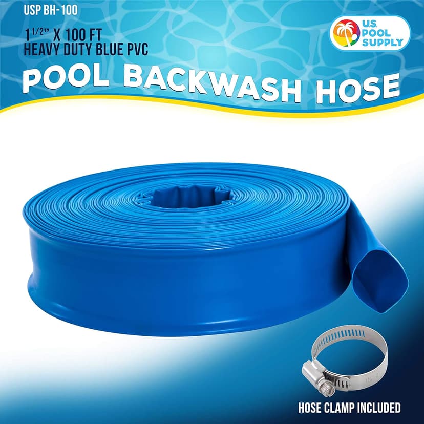U.S. Pool Supply Pool Backwash Hose 1.5" x 100' - Heavy-Duty Pool Drain Hose, Filter Pump Water Drainage, Sump Pump Discharge, Inground Draining - Flexible Lay Flat, Clamp