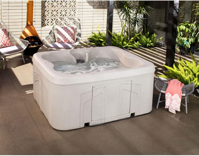 LifeSmart 4-Person Hot Tub, Outdoor Spa with Cover and LED Lights, Square, Beige - Above-Ground Spa Machine with Accessories for Home and Personal Relaxation