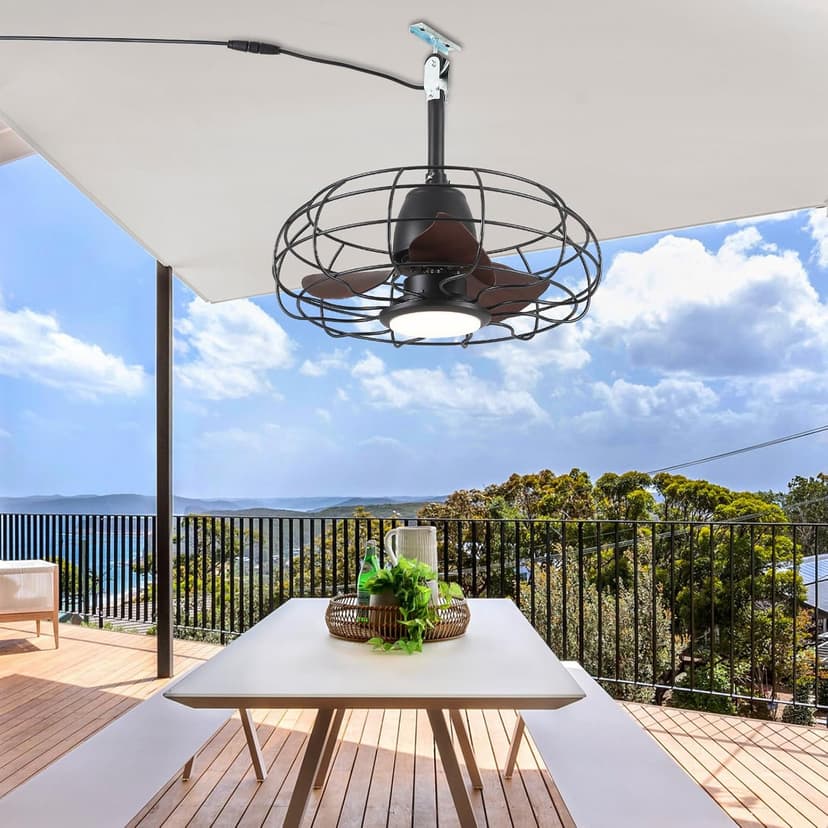 Outdoor Waterproof Ceiling Fan - 20" Caged Ceiling Fans with LED Lights, Reversible AC Motor, Low Profile Industrial Fan Light Fixture, Plug In with Hook Ceiling Fan for Outdoor Patios, Gazebo