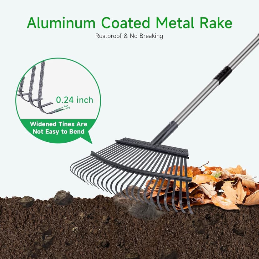 Rake for Leaves Heavy Duty 72 Inch Long Expandable Leaf Rake, 18 Inch Wide Garden Rake with 25 Reinforced Tines and Stainless Steel Handle for Lawn, Yard, Leaf Cleanup