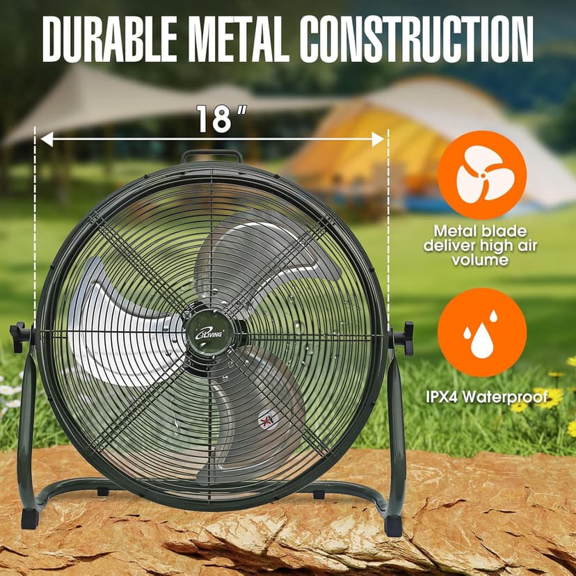 iLiving 18" Rechargeable Battery Operated Camping Floor Fan, High Velocity Portable Outdoor Fan with Metal Blade, With Built-in Lithium Battery for Whole Day Usage, 18 Inches, Military Green