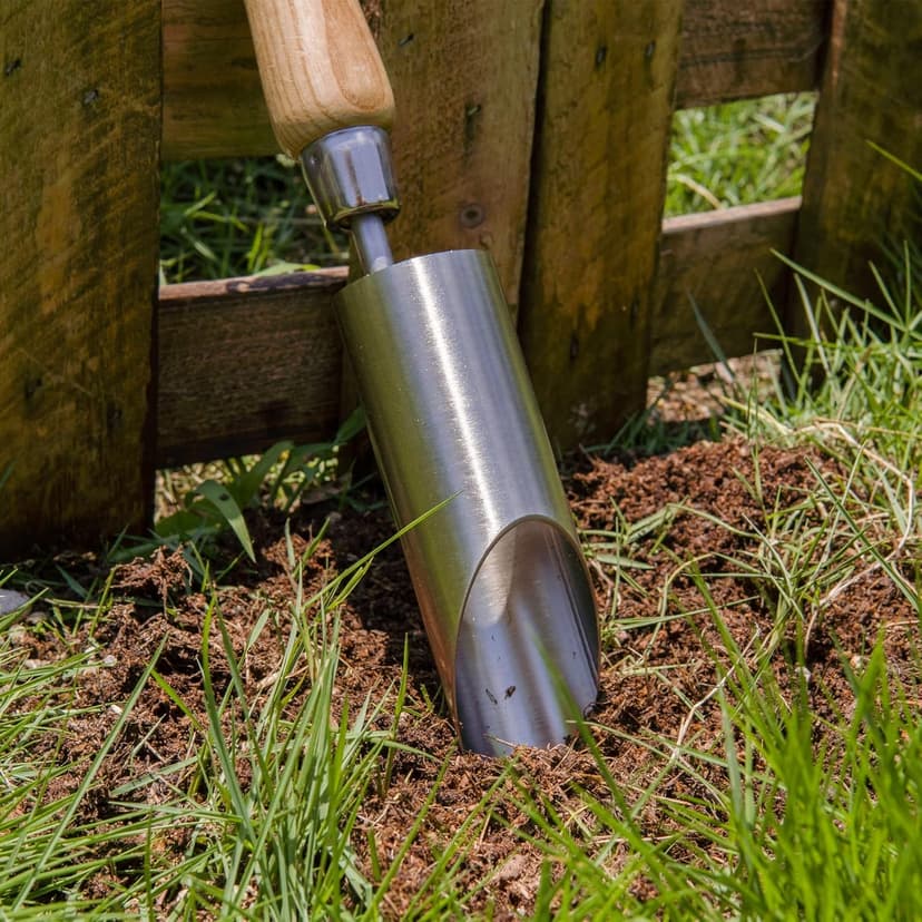 Bulb Planter Tool, 12" Garden Bulb Transplanter Tool, Stainless Steel Manual Hole Digger with Wooden Handle, Transplanting Agricultural Dibble Tool for Seed Planting & Flower Planter